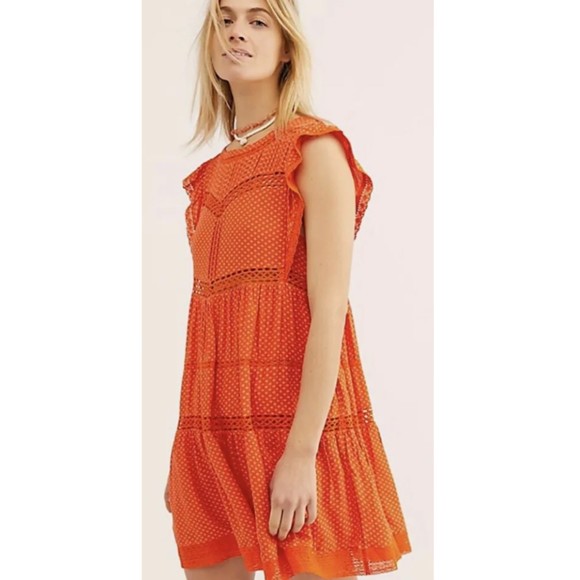 FREE PEOPLE Retro Kitty Crochet Trim Tangerine Mini Dress - Picture 1 of 7